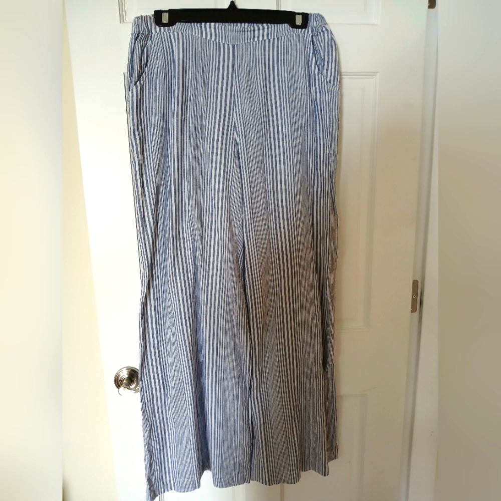 Striped Blue White Wiide Leg, 55% Linen 45% Cotton Elastic Waist Pants - Picture 2 of 10
